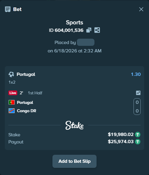Bet slip: Portugal - Congo DR, $20,000.00 stake at 1.30 odds, placed by mi6a1