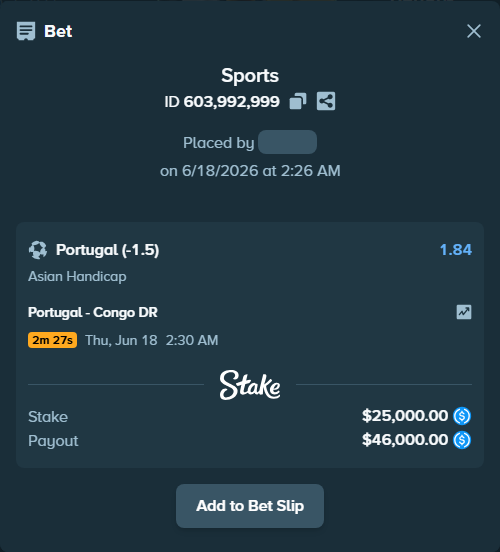 Bet slip: Portugal - Congo DR, $25,000.00 stake at 1.84 odds, placed by Cabrzy
