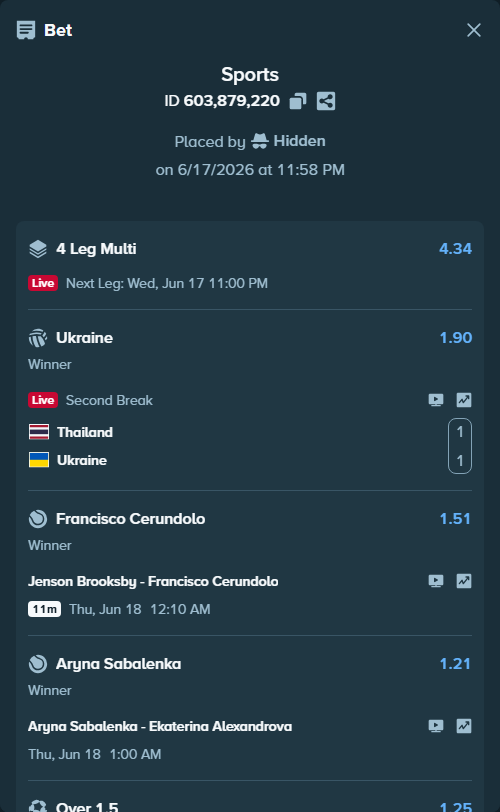 Bet slip: Portugal - Congo DR, $26,000.00 stake at 1.25 odds, placed by Hidden