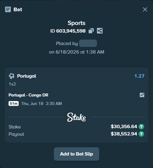 Bet slip: Portugal - Congo DR, $30,387.00 stake at 1.27 odds, placed by kolstadjon1