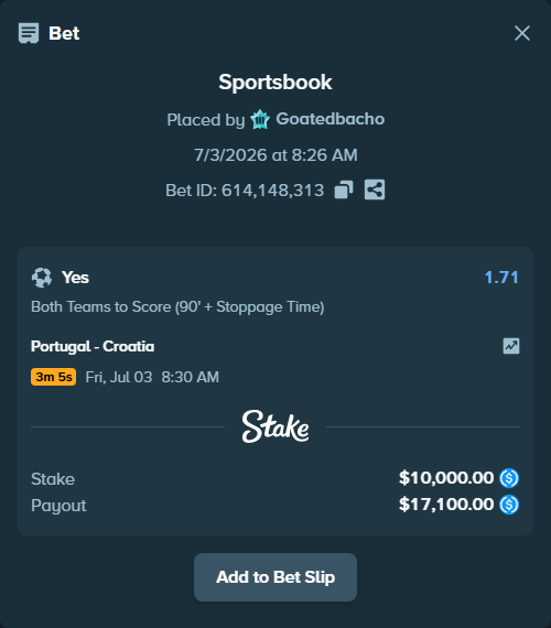 Bet slip: Portugal - Croatia, $10,000.00 stake at 1.71 odds, placed by Goatedbacho