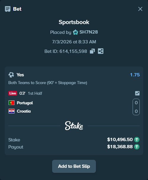 Bet slip: Portugal - Croatia, $10,507.00 stake at 1.75 odds, placed by SH7N28