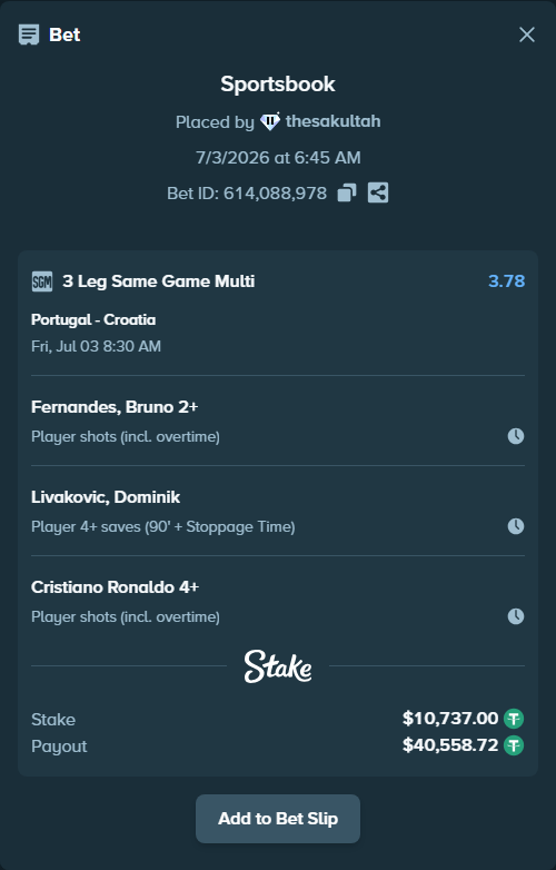 Bet slip: Portugal - Croatia, $10,747.74 stake at 1.23 odds, placed by thesakultah