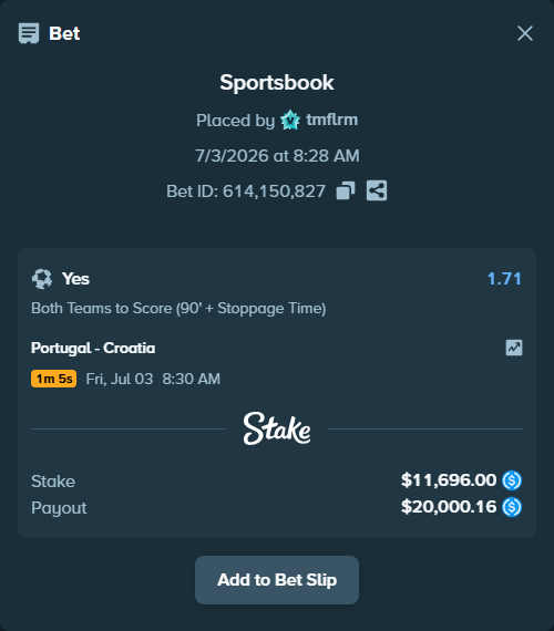 Bet slip: Portugal - Croatia, $11,696.00 stake at 1.71 odds, placed by tmflrm