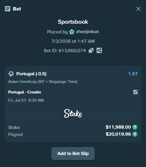Bet slip: Portugal - Croatia, $11,999.99 stake at 1.67 odds, placed by zhanjinkun