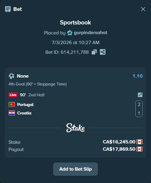 Bet slip: Portugal - Croatia, $12,021.30 stake at 1.10 odds, placed by gurpindersahot