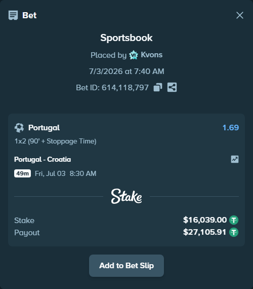 Bet slip: Portugal - Croatia, $16,055.04 stake at 1.69 odds, placed by Kvons