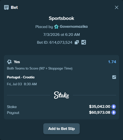 Bet slip: Portugal - Croatia, $37,063.72 stake at 1.74 odds, placed by Governomazika