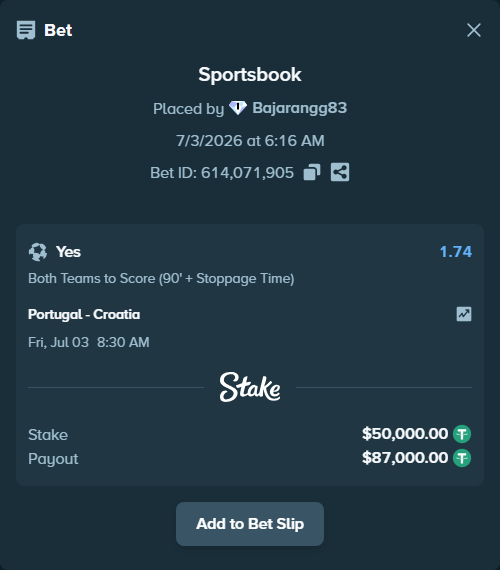 Bet slip: Portugal - Croatia, $50,050.00 stake at 1.74 odds, placed by Bajarangg83