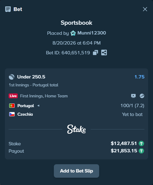 Bet slip: Portugal - Czechia, $12,500.00 stake at 1.75 odds, placed by Munni12300