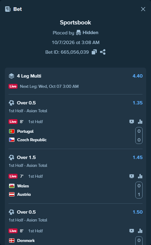 Bet slip: Portugal - Czechia, $18,017.32 stake at 1.35 odds, placed by Hidden