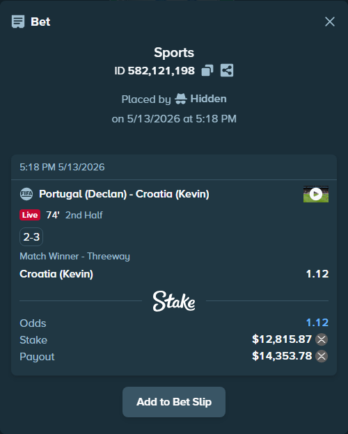 Bet slip: Portugal (Declan) - Croatia (Kevin), $10,101.60 stake at 1.12 odds, placed by Hidden