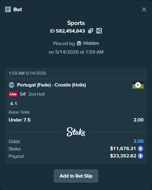 Bet slip: Portugal (Fede) - Croatia (Holis), $9,022.71 stake at 2.00 odds, placed by Hidden