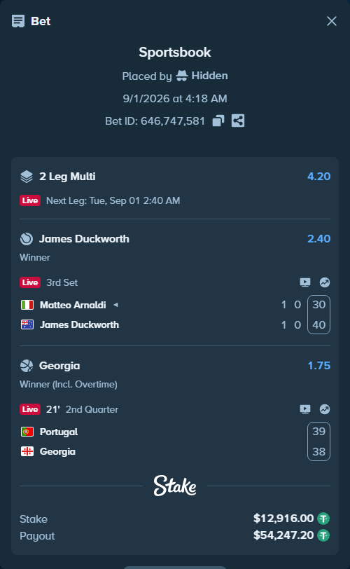 Bet slip: Portugal - Georgia, $12,916.00 stake at 1.75 odds, placed by Hidden