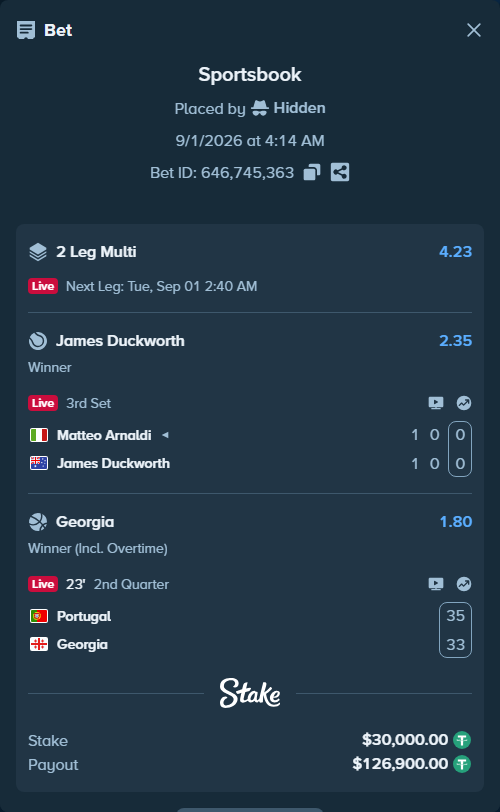 Bet slip: Portugal - Georgia, $30,000.00 stake at 1.80 odds, placed by Hidden