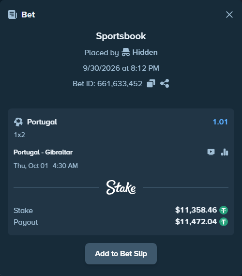 Bet slip: Portugal - Gibraltar, $11,358.46 stake at 1.01 odds, placed by zaka33sbg