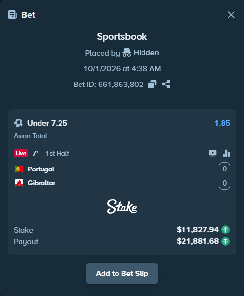 Bet slip: Portugal - Gibraltar, $11,827.94 stake at 1.85 odds, placed by Hidden