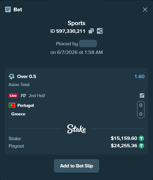 Bet slip: Portugal - Greece, $15,159.60 stake at 1.60 odds, placed by Jackpoor