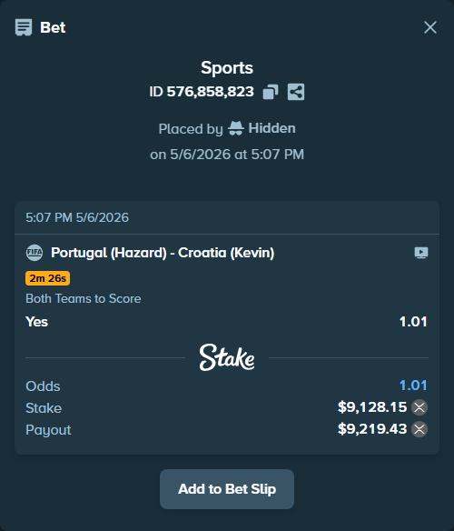 Bet slip: Portugal (Hazard) - Croatia (Kevin), $7,329.26 stake at 1.01 odds, placed by Hidden