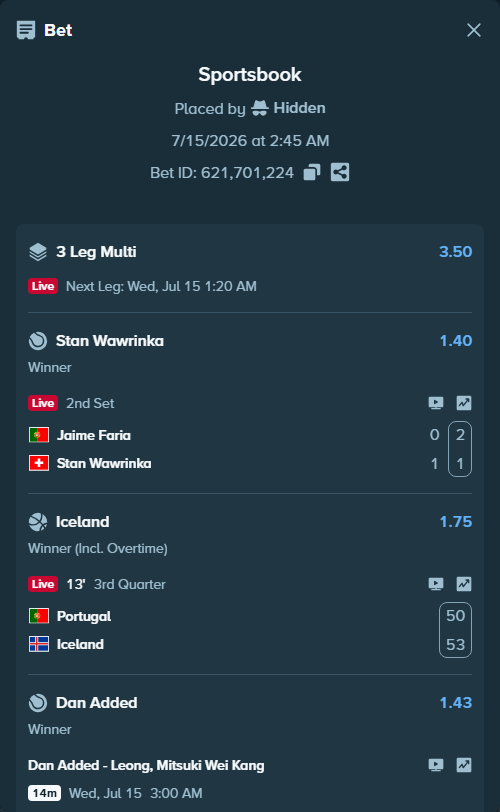 Bet slip: Portugal - Iceland, $12,046.00 stake at 1.75 odds, placed by Hidden