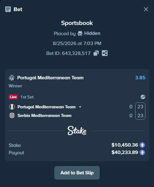 Bet slip: Portugal Mediterranean Team - Serbia Mediterranean Team, $10,338.17 stake at 3.85 odds, placed by Hidden