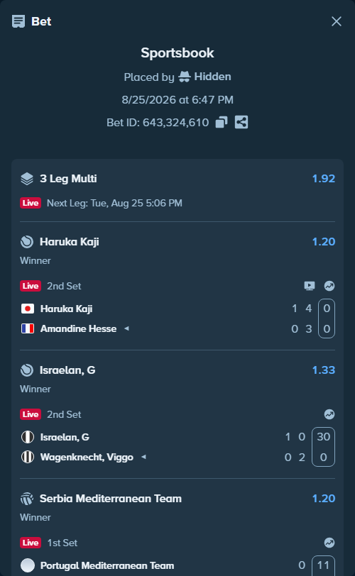 Bet slip: Portugal Mediterranean Team - Serbia Mediterranean Team, $11,105.00 stake at 1.20 odds, placed by Hidden
