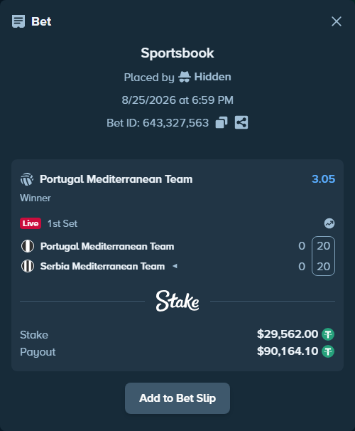 Bet slip: Portugal Mediterranean Team - Serbia Mediterranean Team, $29,562.00 stake at 3.05 odds, placed by Hidden