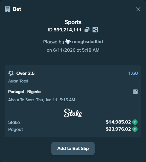Bet slip: Portugal - Nigeria, $15,000.00 stake at 1.60 odds, placed by rmaghsdudthd