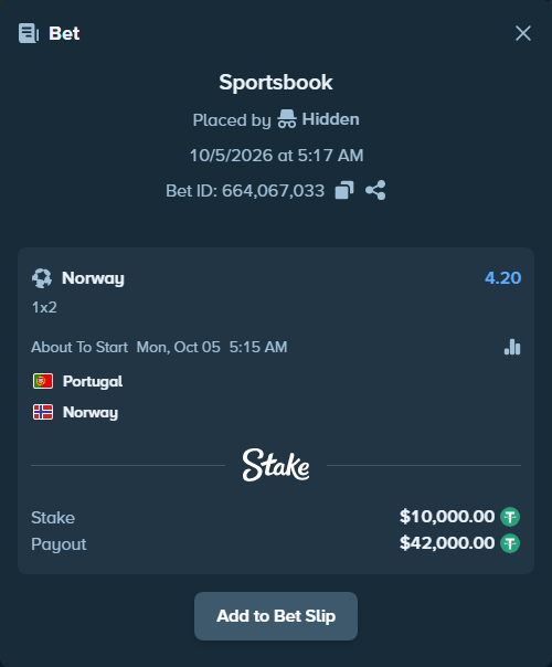 Bet slip: Portugal - Norway, $10,000.00 stake at 4.20 odds, placed by Hidden