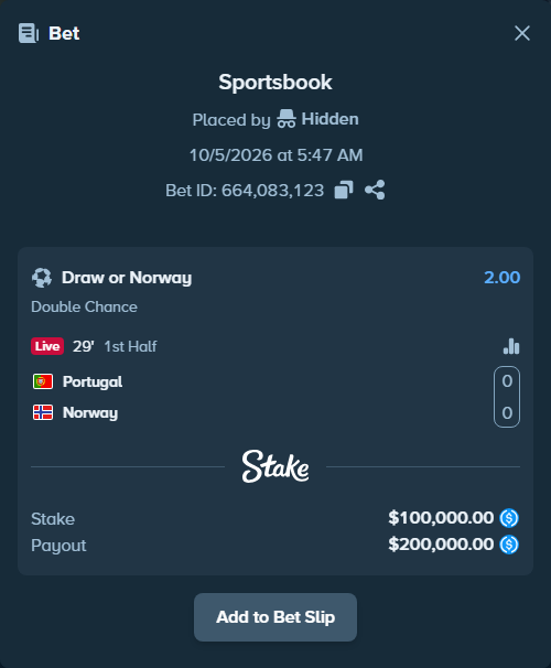 Bet slip: Portugal - Norway, $100,000.00 stake at 2.00 odds, placed by Hidden