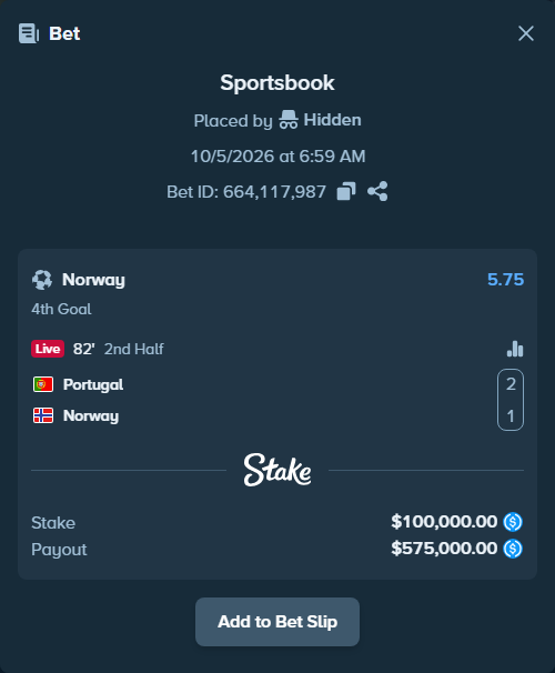 Bet slip: Portugal - Norway, $100,000.00 stake at 5.75 odds, placed by Hidden