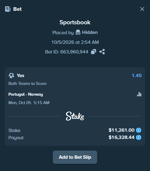 Bet slip: Portugal - Norway, $11,261.00 stake at 1.45 odds, placed by Fekah4