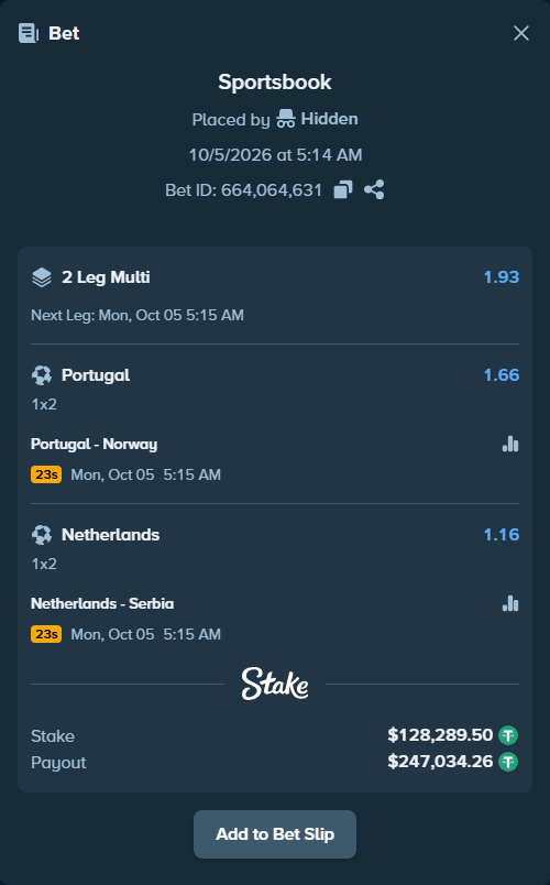 Bet slip: Portugal - Norway, $128,289.50 stake at 1.66 odds, placed by Hidden