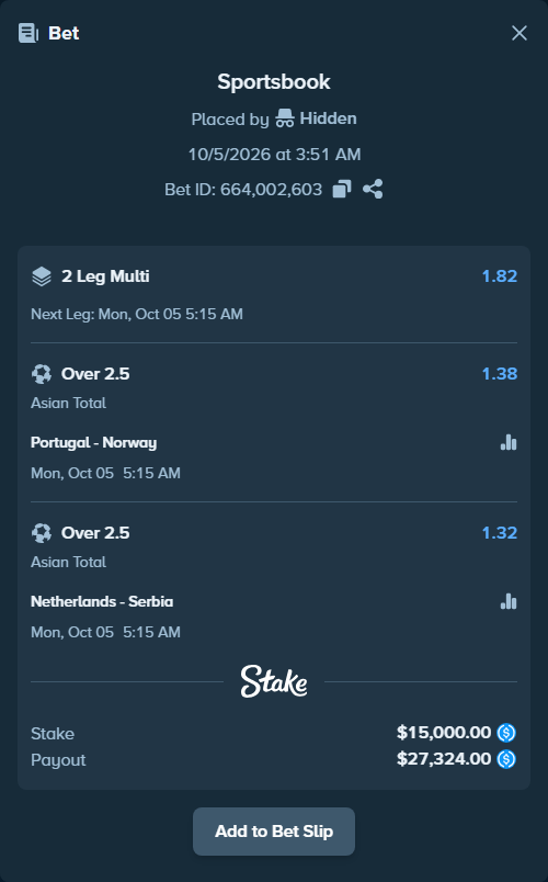 Bet slip: Portugal - Norway, $15,000.00 stake at 1.38 odds, placed by Hidden