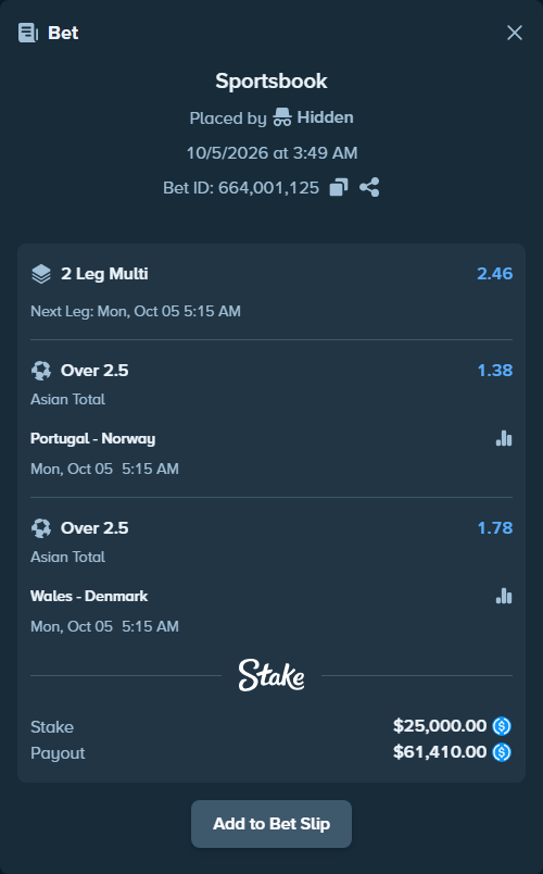 Bet slip: Portugal - Norway, $25,000.00 stake at 1.38 odds, placed by Hidden