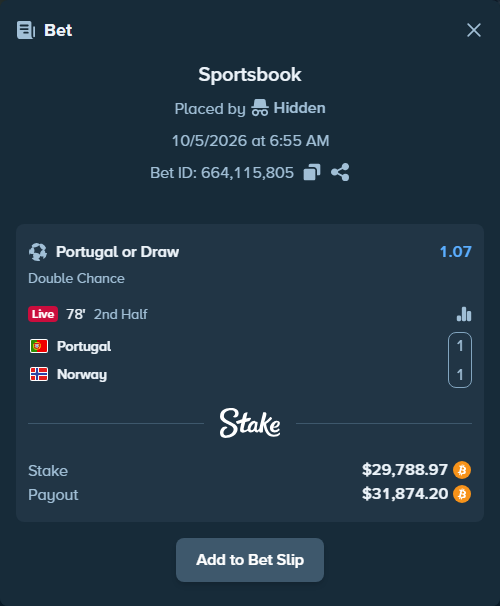 Bet slip: Portugal - Norway, $29,967.19 stake at 1.07 odds, placed by hungrybox