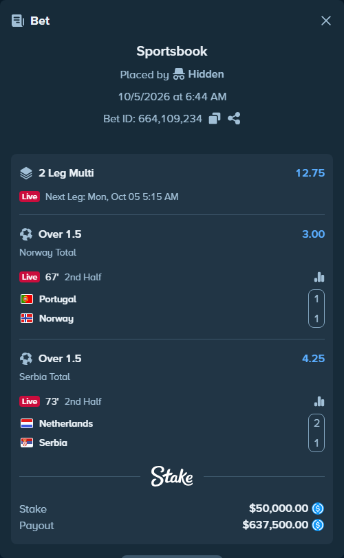 Bet slip: Portugal - Norway, $50,000.00 stake at 3.00 odds, placed by Hidden