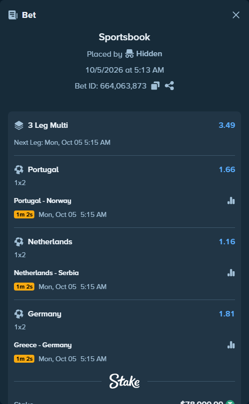 Bet slip: Portugal - Norway, $78,000.00 stake at 1.66 odds, placed by Hidden