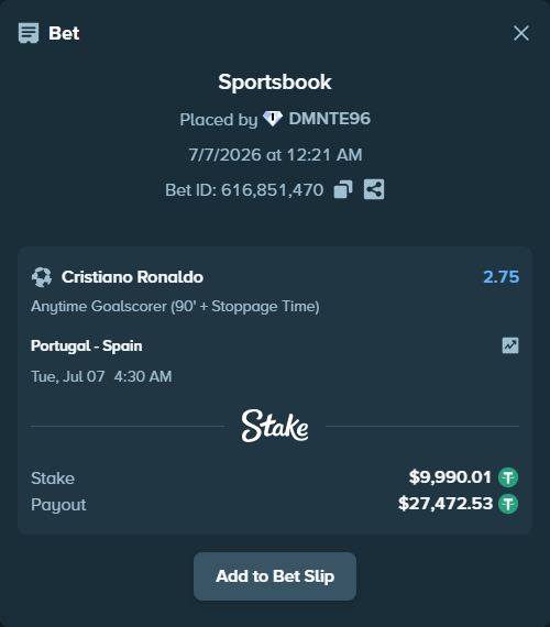 Bet slip: Portugal - Spain, $10,000.00 stake at 2.75 odds, placed by DMNTE96