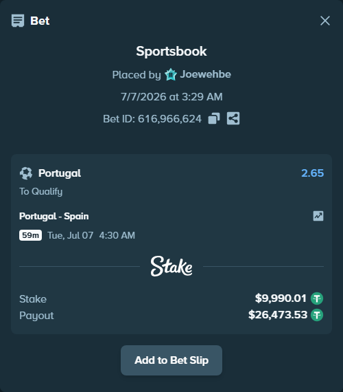 Bet slip: Portugal - Spain, $10,000.00 stake at 2.65 odds, placed by Joewehbe