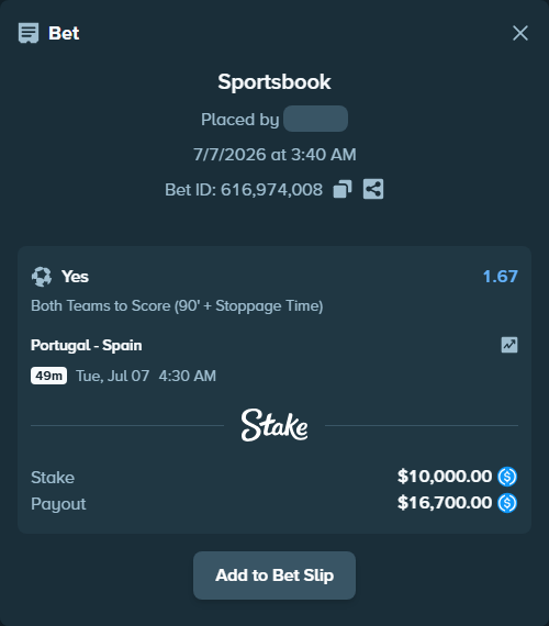 Bet slip: Portugal - Spain, $10,000.00 stake at 1.67 odds, placed by HU90oo