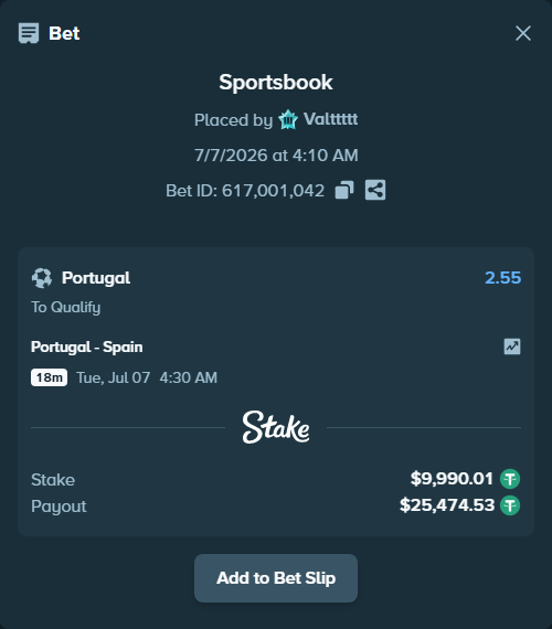 Bet slip: Portugal - Spain, $10,000.00 stake at 2.55 odds, placed by Valttttt