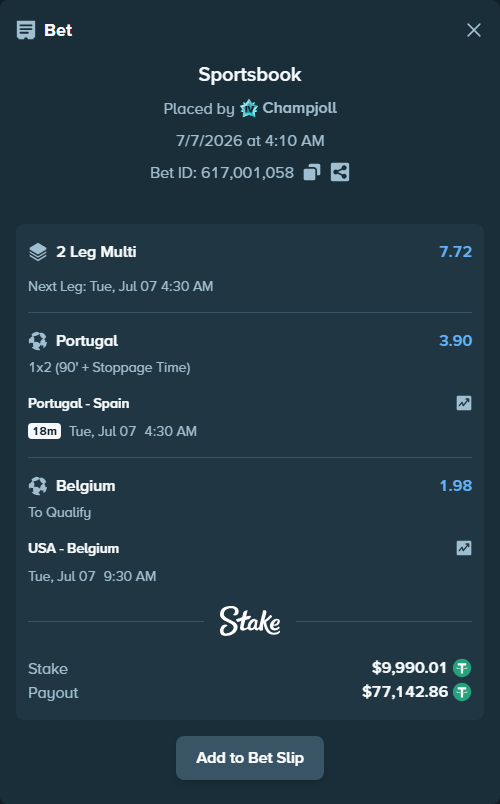 Bet slip: Portugal - Spain, $10,000.00 stake at 3.90 odds, placed by Champjoll