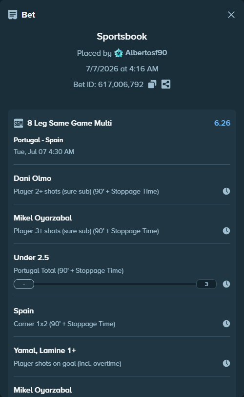 Bet slip: Portugal - Spain, $10,000.00 stake at 1.18 odds, placed by Albertosf90