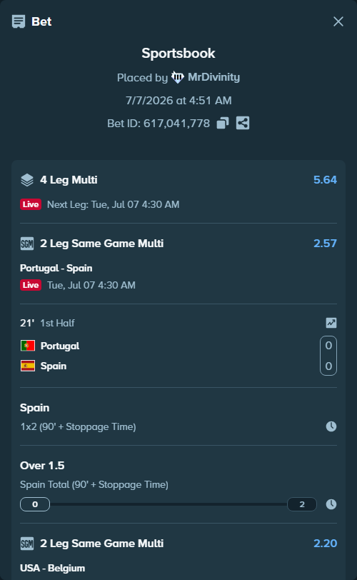 Bet slip: Portugal - Spain, $10,000.00 stake at 2.05 odds, placed by MrDivinity