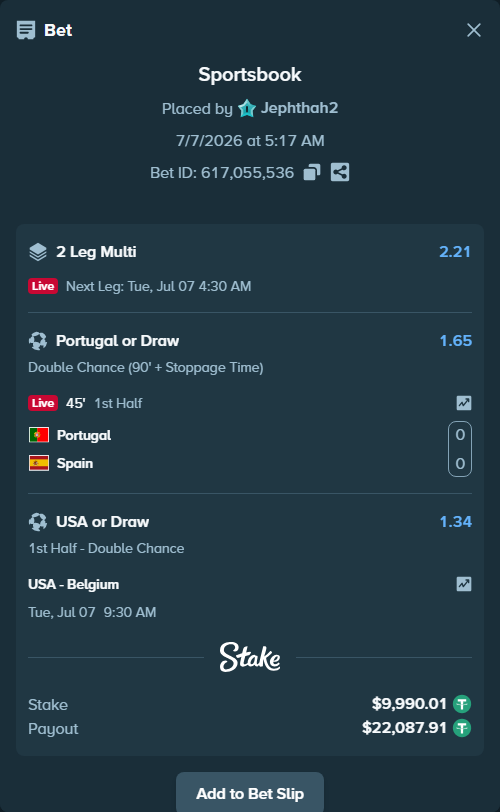 Bet slip: Portugal - Spain, $10,000.00 stake at 1.65 odds, placed by Jephthah2