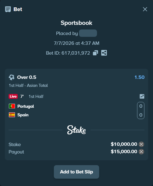 Bet slip: Portugal - Spain, $9,023.56 stake at 1.50 odds, placed by Moi1337