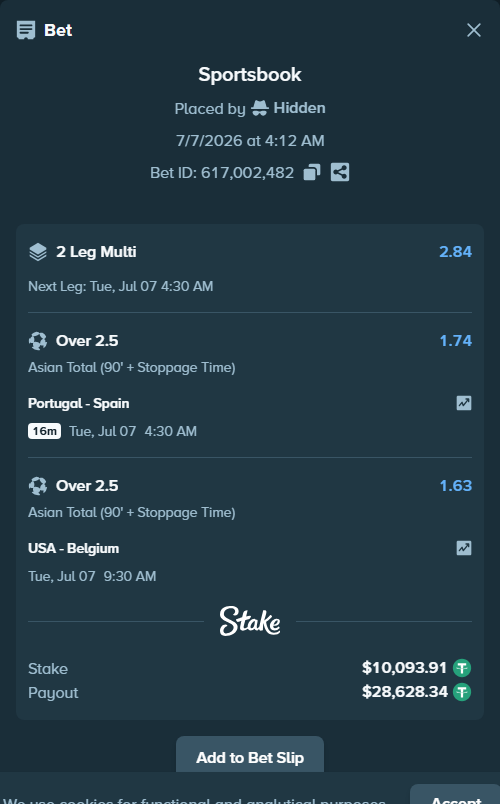 Bet slip: Portugal - Spain, $10,104.00 stake at 1.74 odds, placed by Champjoll