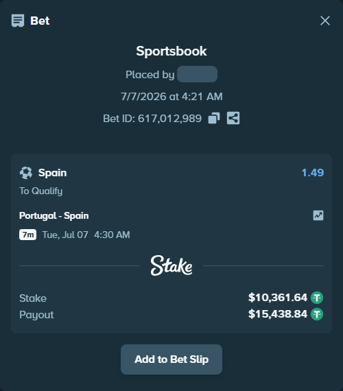 Bet slip: Portugal - Spain, $10,372.00 stake at 1.49 odds, placed by fadennesaroush