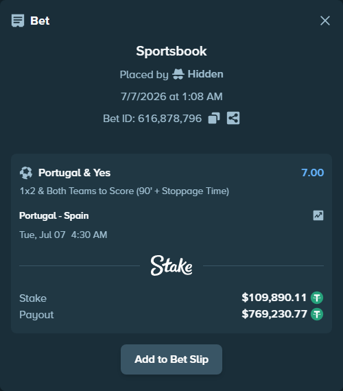 Bet slip: Portugal - Spain, $110,000.00 stake at 7.00 odds, placed by Hidden